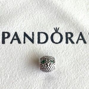 A Pandora Sterling Silver Wise Owl Green CZ Charm.
